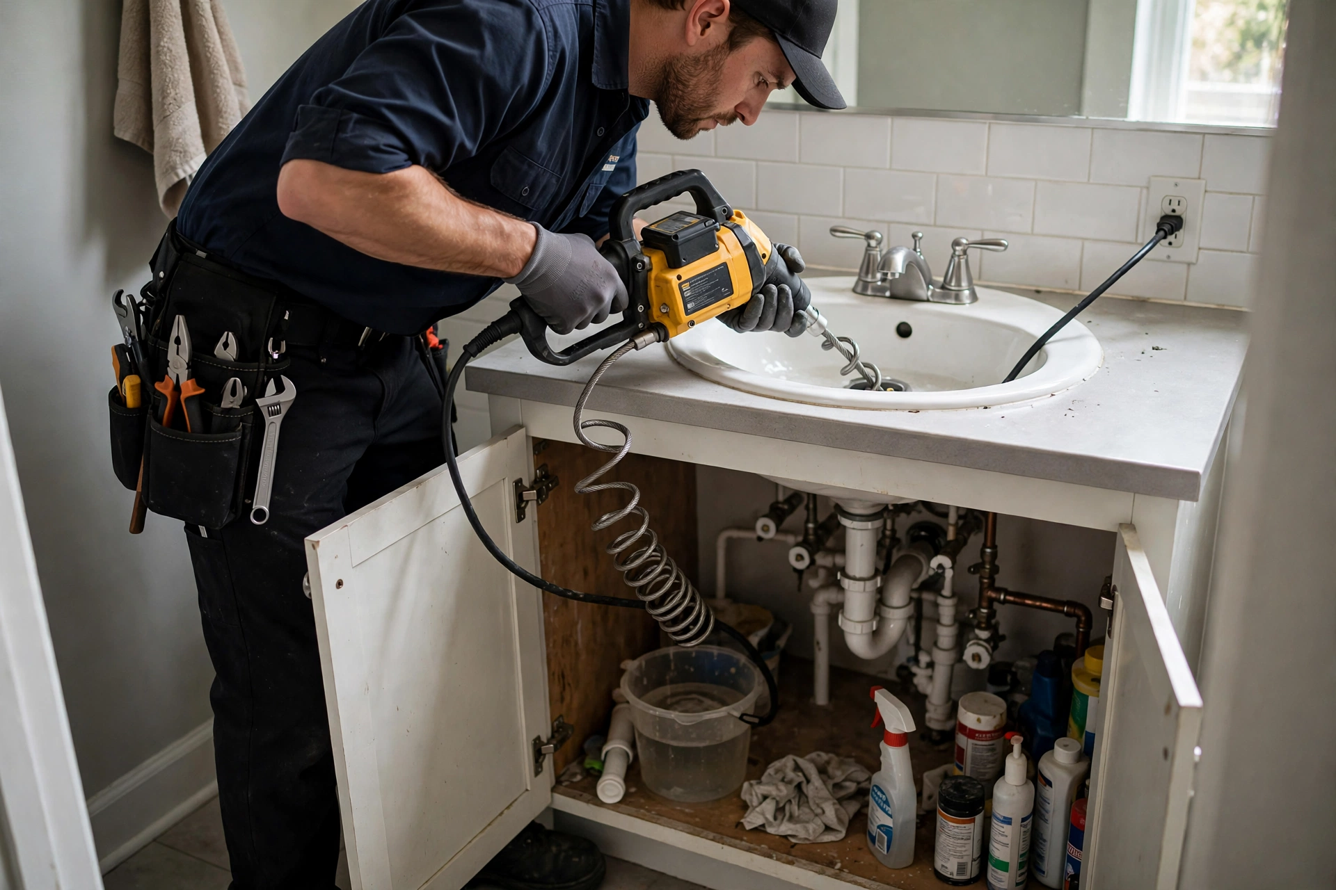 Technician repairing a burst copper water pipe in a Stow, OH basement